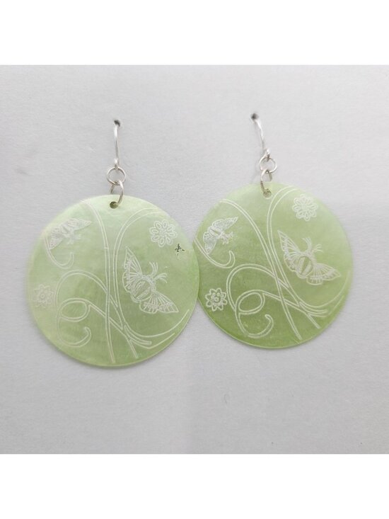 Unbranded Jewelry - Round Green Shell Earrings With Butterfly & Floral Engraving Design 2.5"